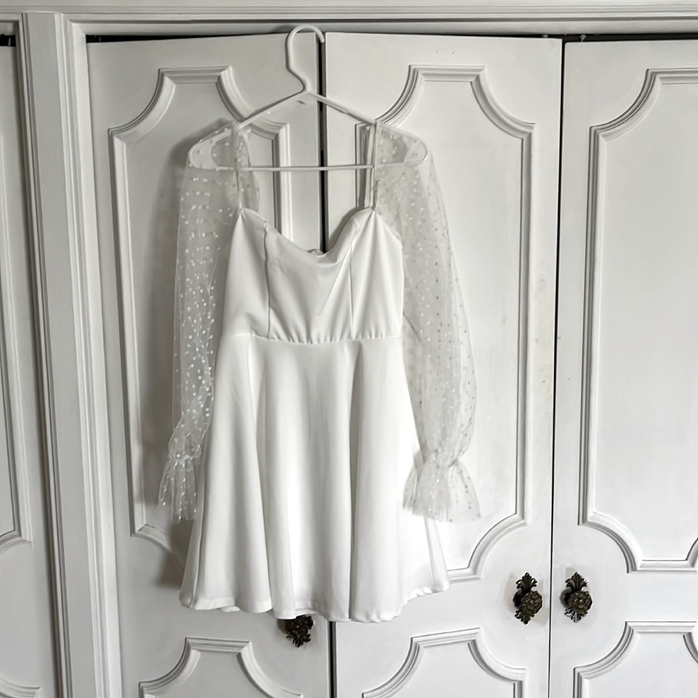 Mesh Sleeve White Bridal Party Dress NEVER WORN